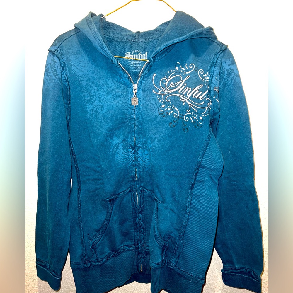 Size M, Sinful zip front hoodie, distressed look - lightly used
